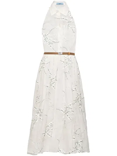 Prada Floral Embroidered Silk Midi Dress In White