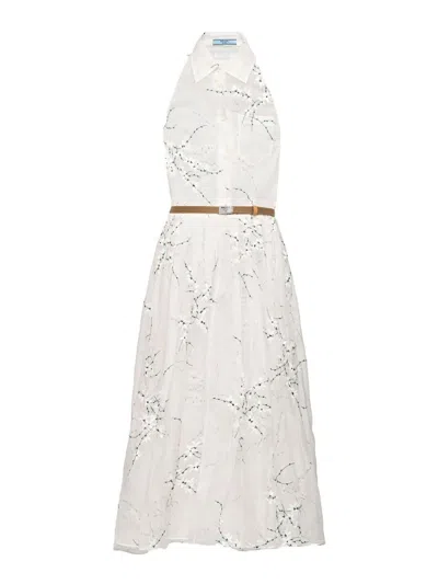 Prada Floral Embroidered Silk Midi Dress In White