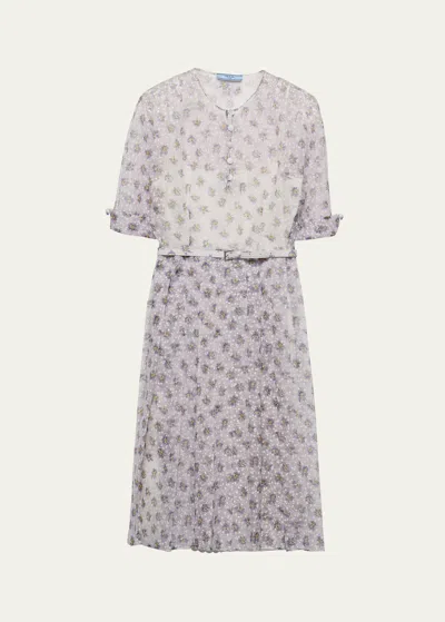 Prada Floral Fit-flare Belted Midi Dress In Gray