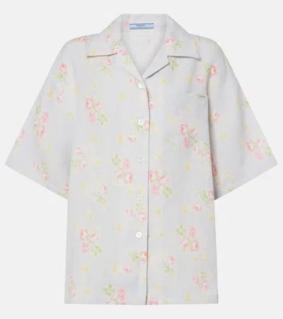 Prada Floral Linen Shirt In Gray