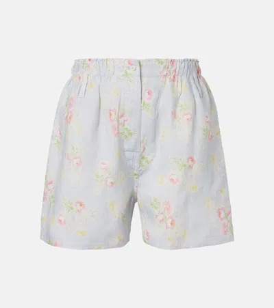 Prada Floral Linen Shorts In Blue