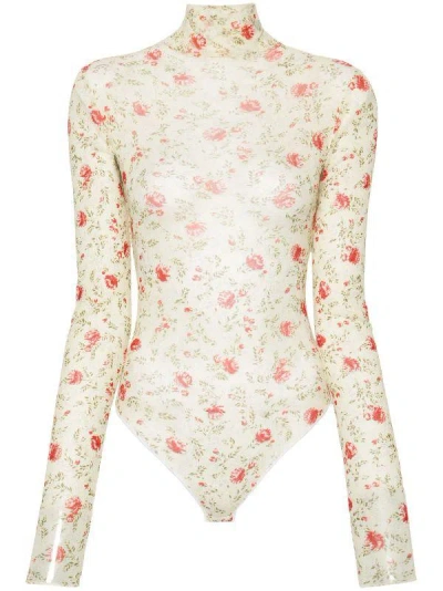 Prada Floral Mesh Bodysuit In Neutrals