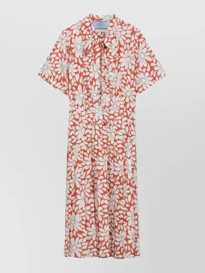 Prada Floral Midi Dress Back Tie Short Sleeves In Multi