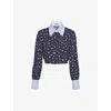 Prada Mixed-print Crop Button Down Silk Shirt In Blue