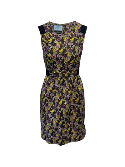 Pre-owned Prada Floral-patterned Pleated Dress In Black