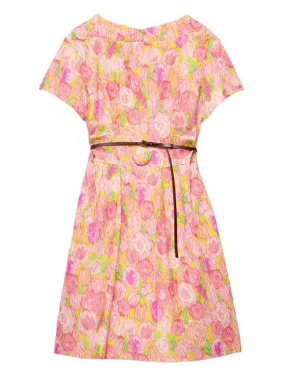 Prada Floral-print Belted Mini Dress In Pink