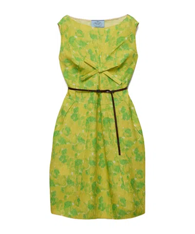 Prada Floral Print Cloquet Dress In Yellow