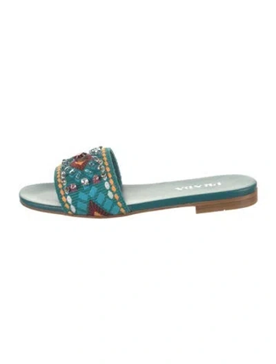 Pre-owned Prada Floral Print Crystal Embellishments Slides In Blue