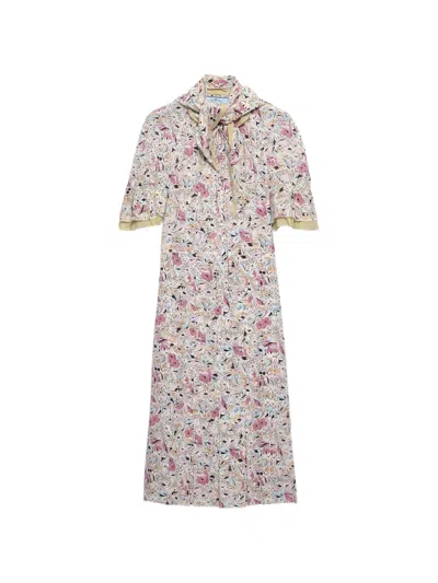 Prada Kleid Aus Georgette Mit Blumenmuster In Neutral