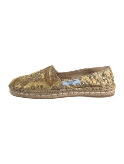 Pre-owned Prada Floral Print Glitter Accents Espadrilles In Gold/metallic