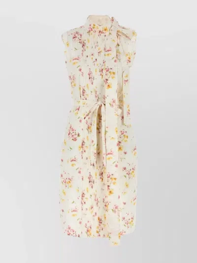 Prada Floral Print High Neck Pleated Dress In Neutral