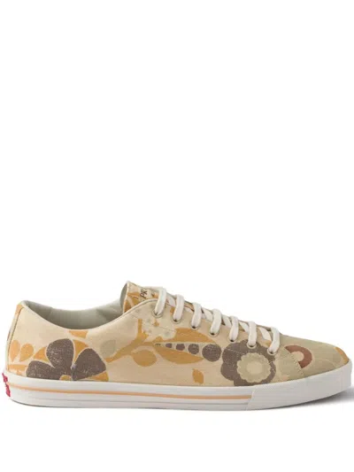 Prada Floral Print Lace-up Sneakers In Brown
