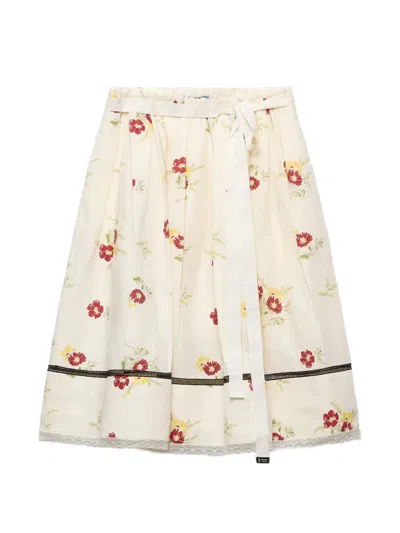 Prada Floral Print Linen Skirt In Brown