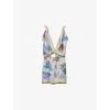 Prada Floral-print Plunge-neck Silk Mini Dress In Gold/silver