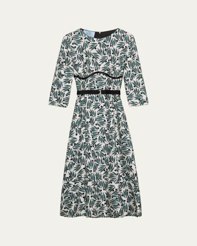 Prada Floral Print Pongé 3/4-sleeve Midi Dress In Green