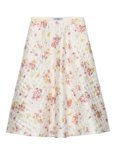 PRADA FLORAL-PRINT QUILTED-SATIN MIDI SKIRT