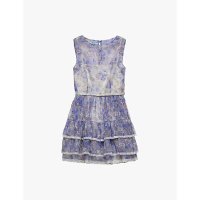 PRADA WOMENS LIGHT BLUE FLORAL-PRINT RUFFLE-TRIM WOVEN MINI DRESS