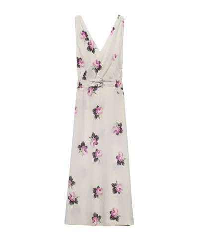 PRADA PRADA V-NECK FLORAL-PRINT SABLÉ MIDI DRESS
