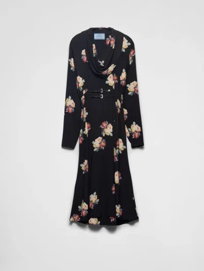 Prada Floral Cowl-neck Leather Belted Midi Dress In Black