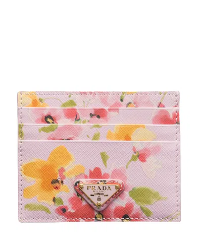 Prada Floral-print Saffiano Leather Card Holder In Pink