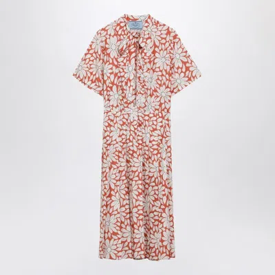 Prada Floral Midi Dress Back Tie Short Sleeves In Multi