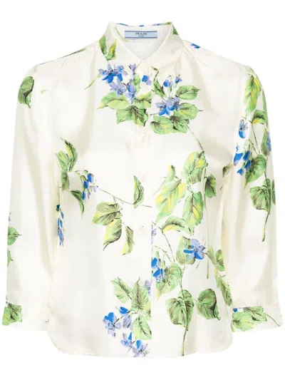 Prada Floral Print Shirt In White