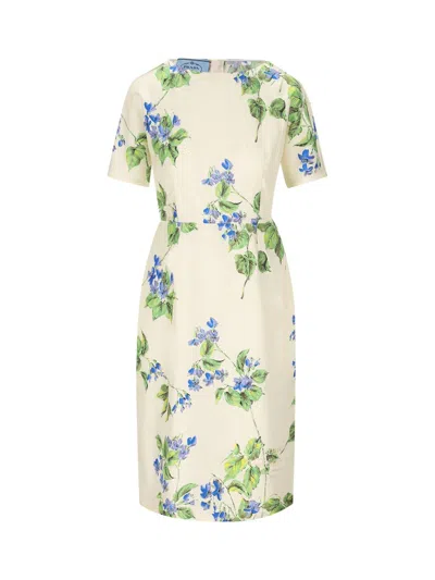 Prada Floral-print Twill Dress In White