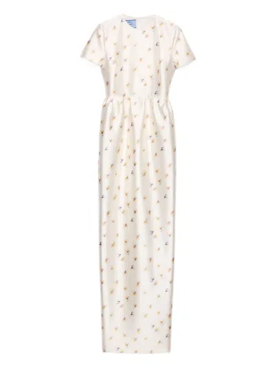 Prada Floral Print Silk Dress In White