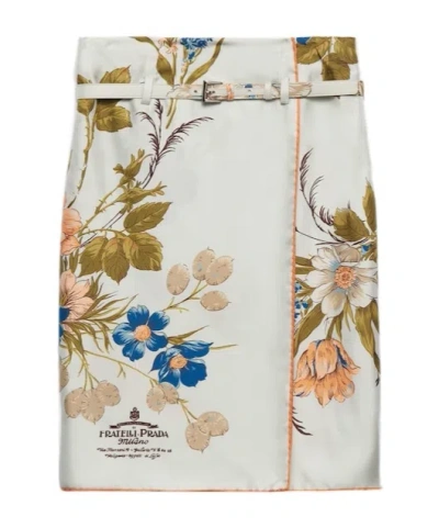 PRADA PRADA FLORAL-PRINTED BELTED MIDI SKIRT