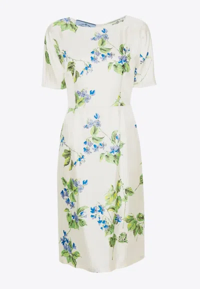 Prada Floral-print Twill Dress In White