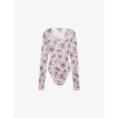 PRADA WOMENS PINK FLORAL-PRINT SLIM-FIT STRETCH-TULLE BODYSUIT