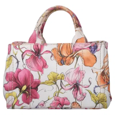 Pre-owned Prada Floral Print Small Canapa Tote Bag - '10s In Sand