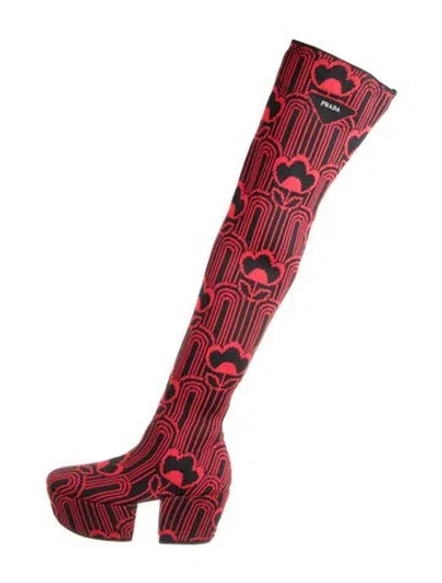 Pre-owned Prada Floral Print Sock Boots In Red