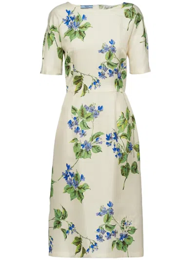 Prada Floral-print Twill Dress In White