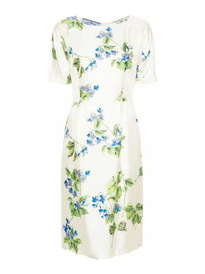 Prada Floral-print Twill Dress In White