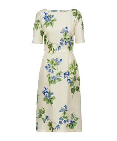 Prada Floral-print Twill Dress In White