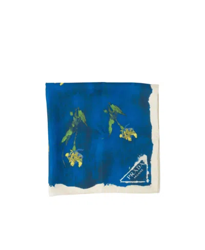 Prada Floral-print Twill Scarf In Blue