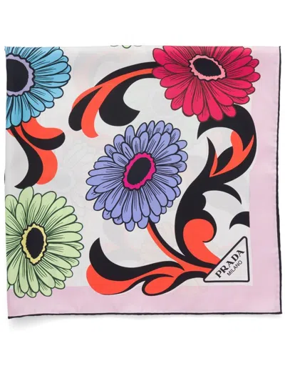 Prada Floral-print Twill Scarf In Weiss