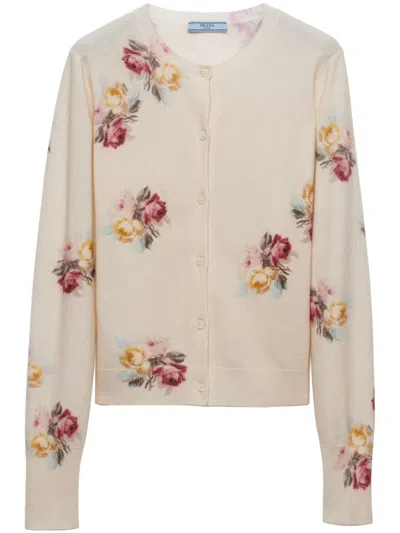 PRADA FLORAL-PRINT WOOL CARDIGAN