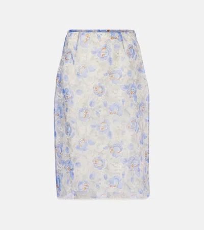 Prada Floral-print Sheer Pencil Skirt In Blue