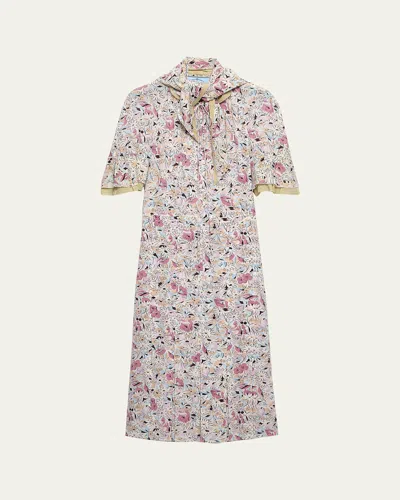 PRADA FLORAL SILK SCARF-NECK MIDI DRESS