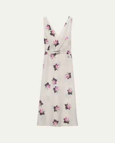 PRADA FLORAL SMOCKED SABLE MIDI DRESS