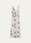 PRADA FLORAL SMOCKED SABLE MIDI DRESS