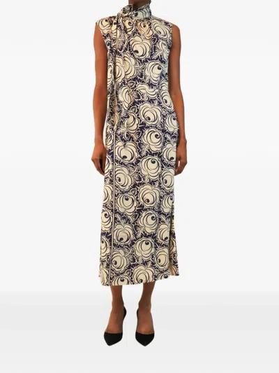 Pre-owned Prada Floral Tie-neck Midi Dress In Neutrals