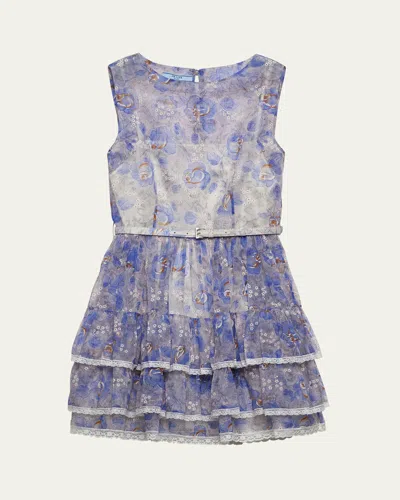 PRADA FLORAL TIERED LACE-TRIM LEATHER BELTED CHIFFON MINI DRESS