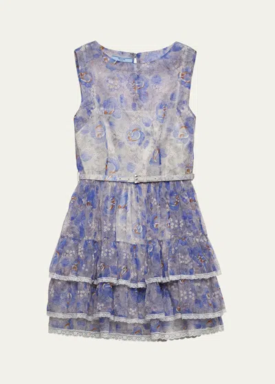 Prada Floral Tiered Lace-trim Leather Belted Chiffon Mini Dress In Blue