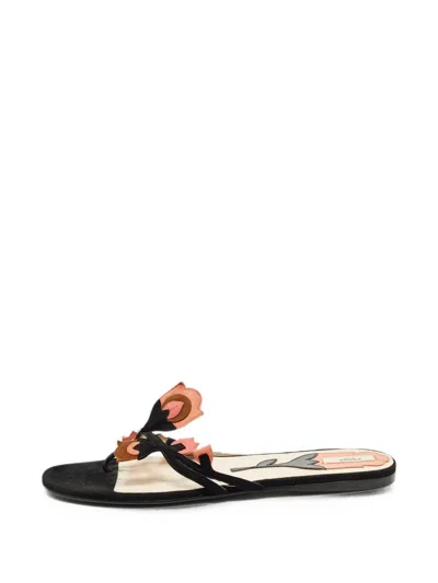 Pre-owned Prada Floral-applique Sandals In Black