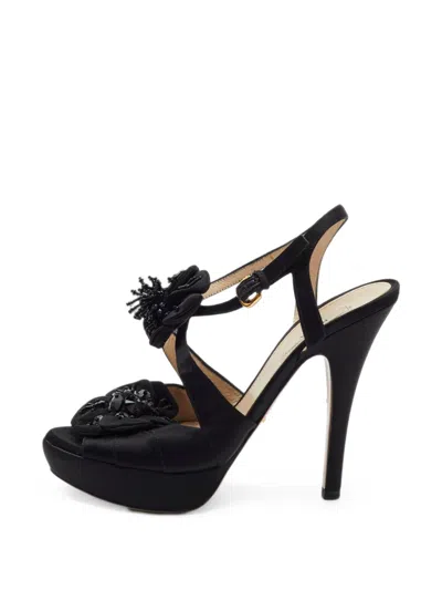 Pre-owned Prada Floral-embellished Platform Sandals In Black