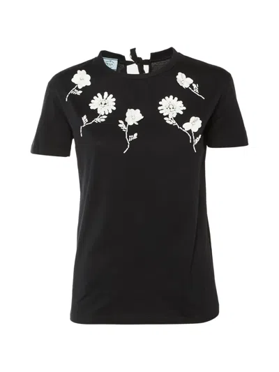 Pre-owned Prada Floral-embellished Tie-detail T-shirt In Black