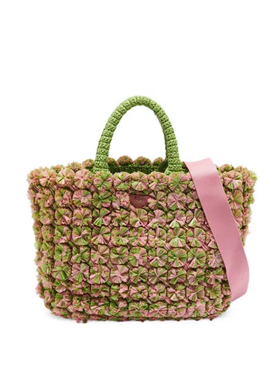 Pre-owned Prada Floral-motif Raffia Tote Bag In Pink